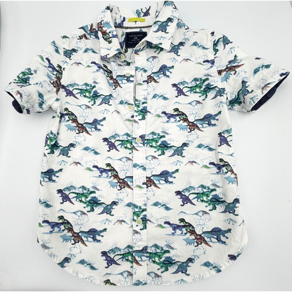 Cactus Boys Dinosaur Print Short Sleeve Button Down Shirt White Size 5/6‎ Cotton